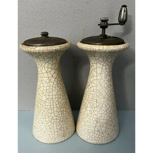 Woodpecker Woodware Salt Pepper Grinder Set Mid Century Japan Cracked Glaze MCM